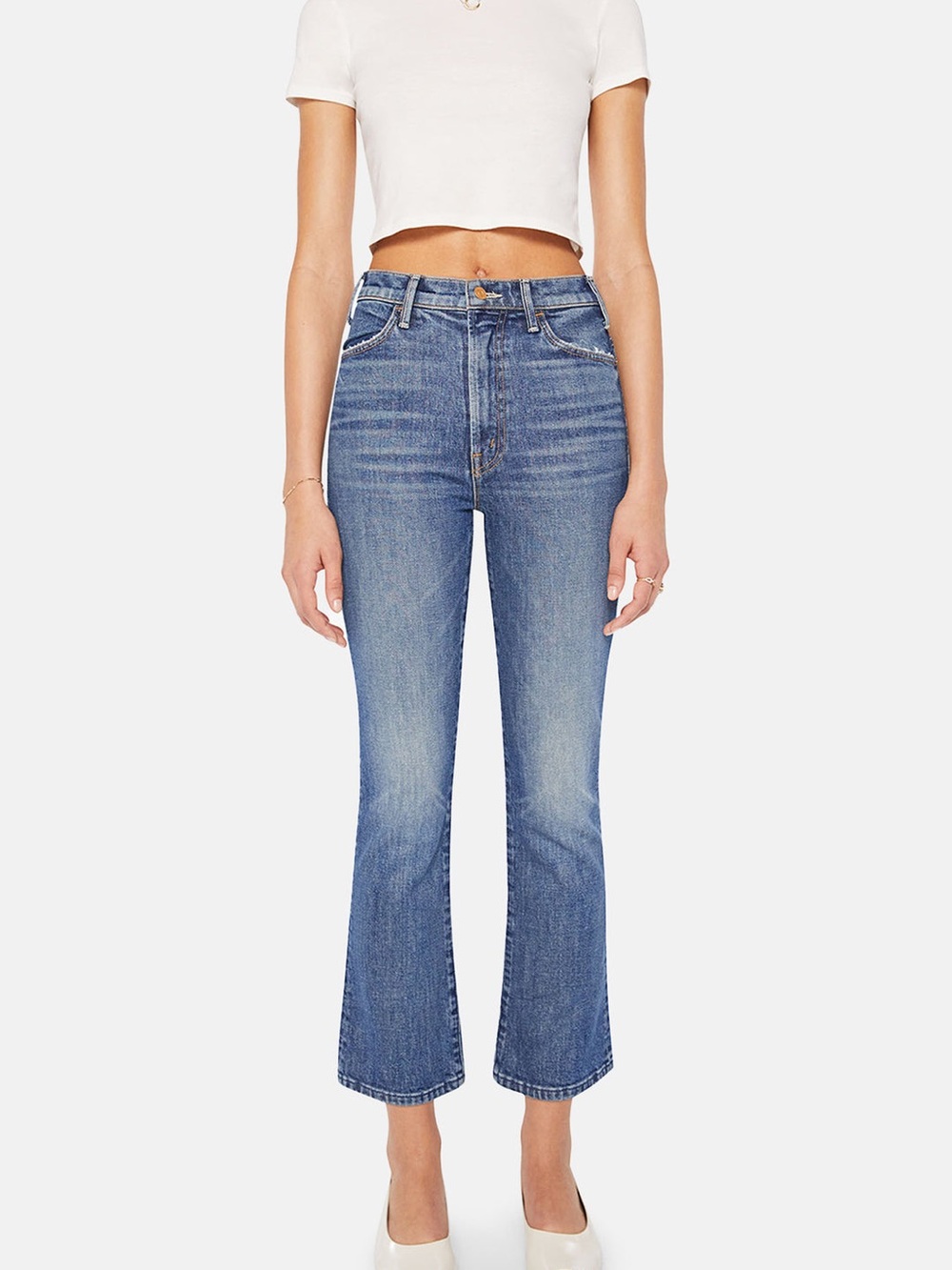 MOTHER Medium Blue High-Rise Cropped Flare Jeans